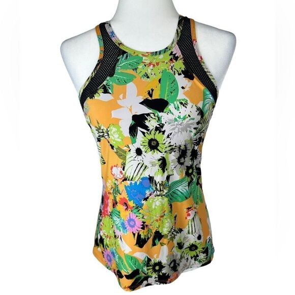 Trina Turk Orange Tropical Print High Neck Activewear Bra Tank Top - Picture 1 of 8